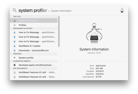 Информация о системе в Spotlight